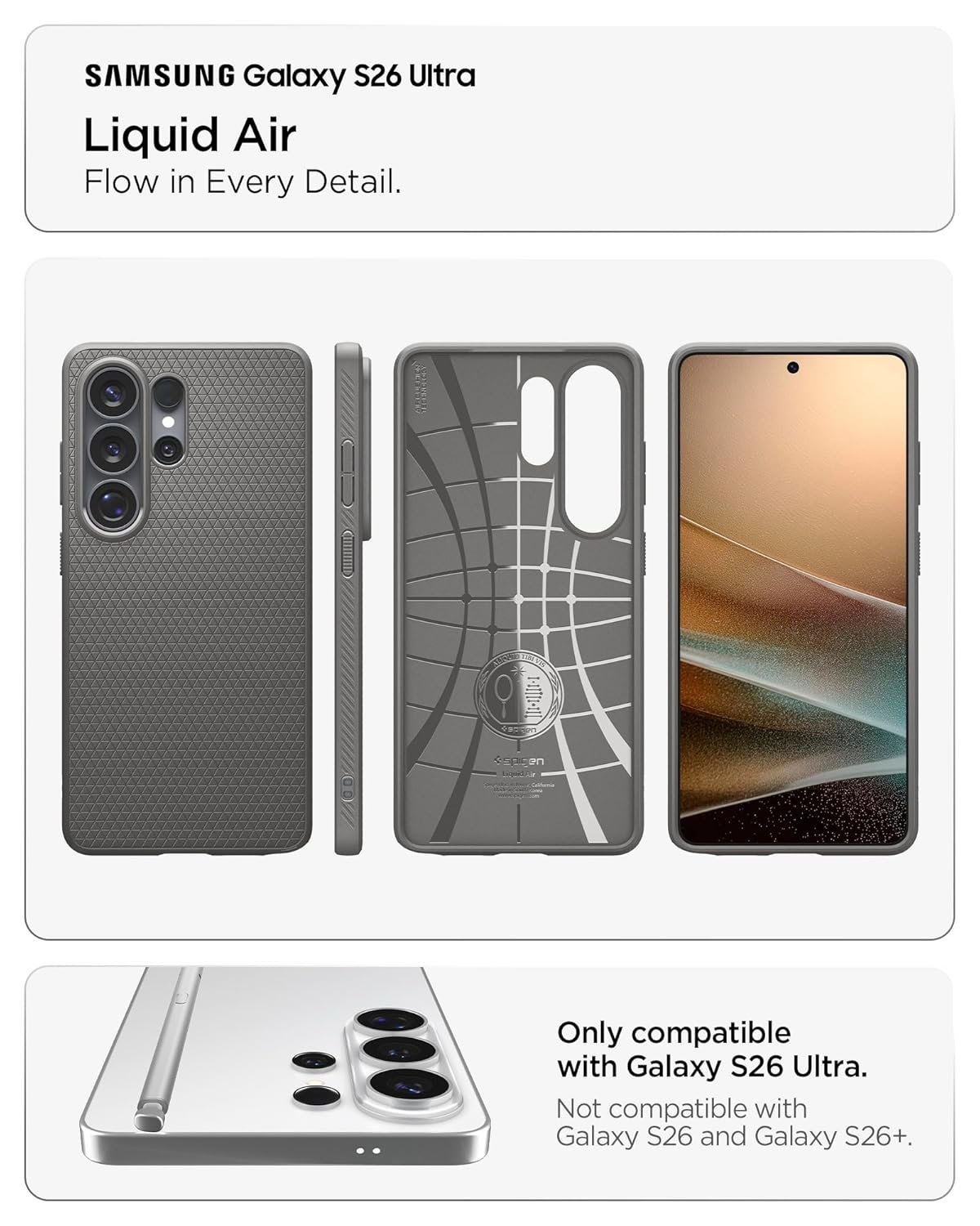Spigen Liquid Air | Samsung Galaxy S26 Ultra Case [Flexible] [Air Cushion Protection] Galaxy S26 Ultra Back Cover | TPU - Marble Gray