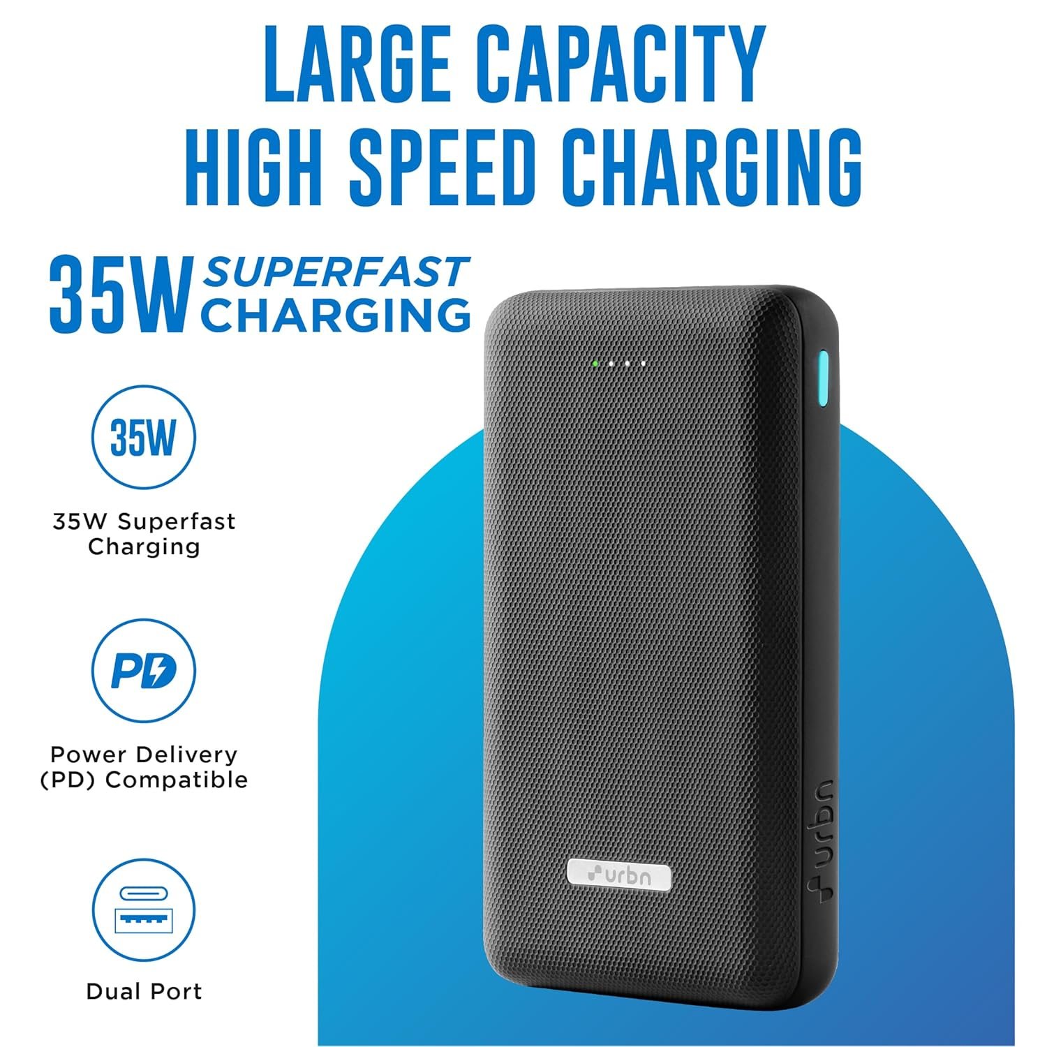 URBN 20000mAh 35W Turbo Fast Charging Power Bank | Dual Output | PD + QC Compatible | Two-Way Fast Charge | Pass-Through Charging | for MacBook Air, iPhone, Samsung, Android & More (Black)
