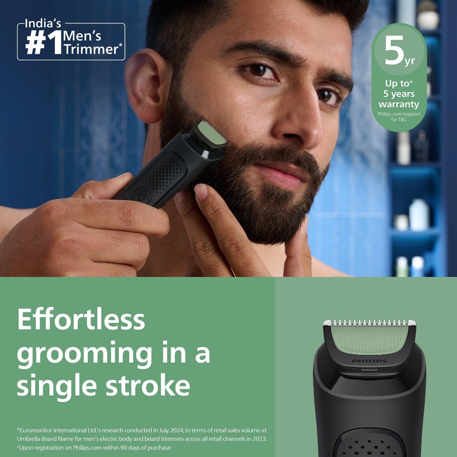 Philips India's No.1 Men's Trimmer* | One stroke beard trimming | All-in-One Grooming Kit- Face, Hair, Body | Ear/Nose attachment | Safe for Sensitive Skin | 60 mins runtime | 5yr warranty* | MG3927