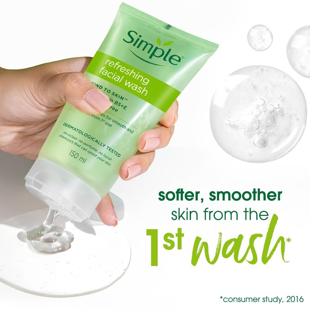 Simple Kind To Skin Refreshing Facial Wash 150 ml | 100% Soap-Free Facewash that doesn't dry out your skin| For All Skin Types