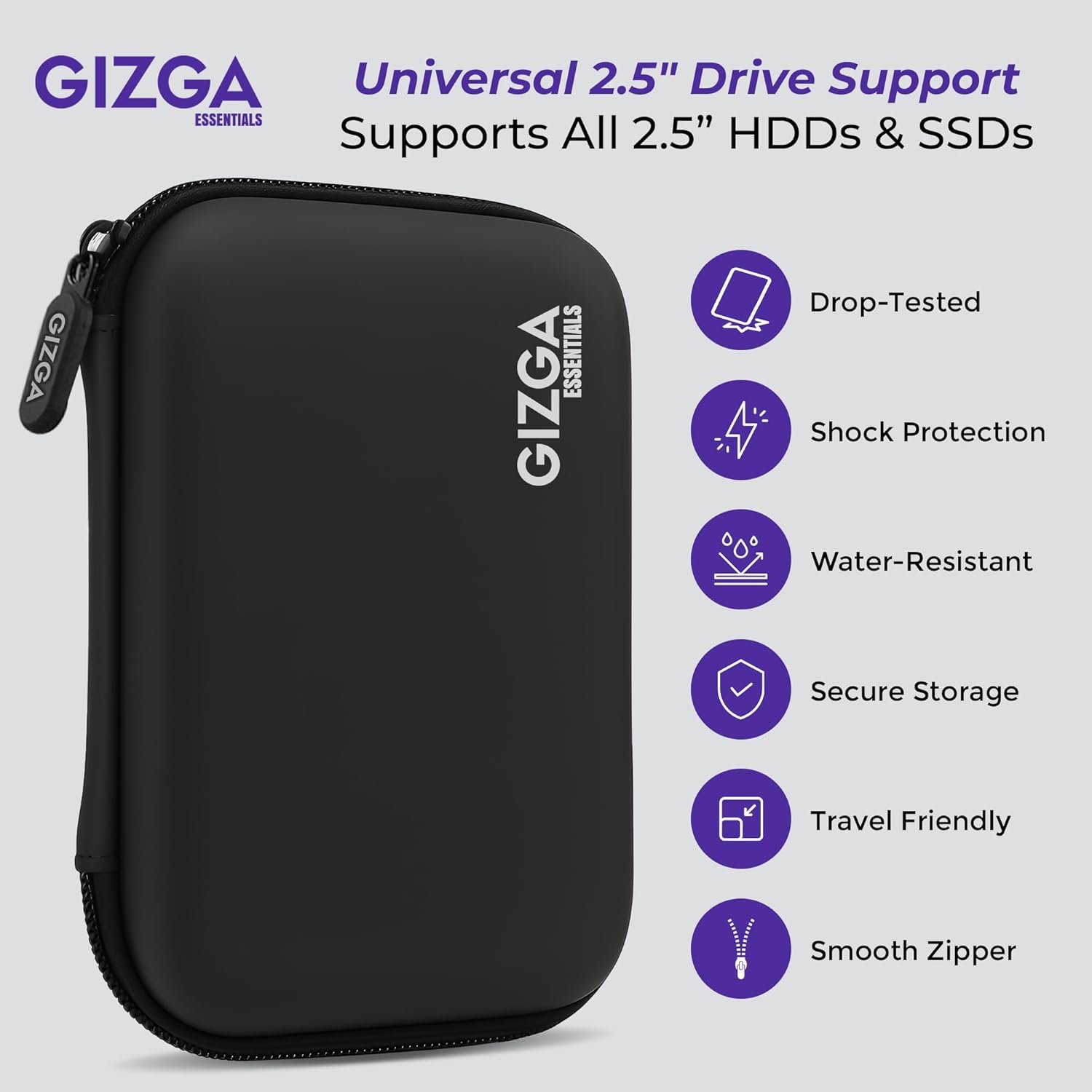 Gizga Essentials Hard Drive Case Shell, 6.35cm/2.5-inch, Portable Storage Organizer Bag for Earphone USB Cable Power Bank Mobile Charger Digital Gadget Hard Disk, Water Resistance Material, Black