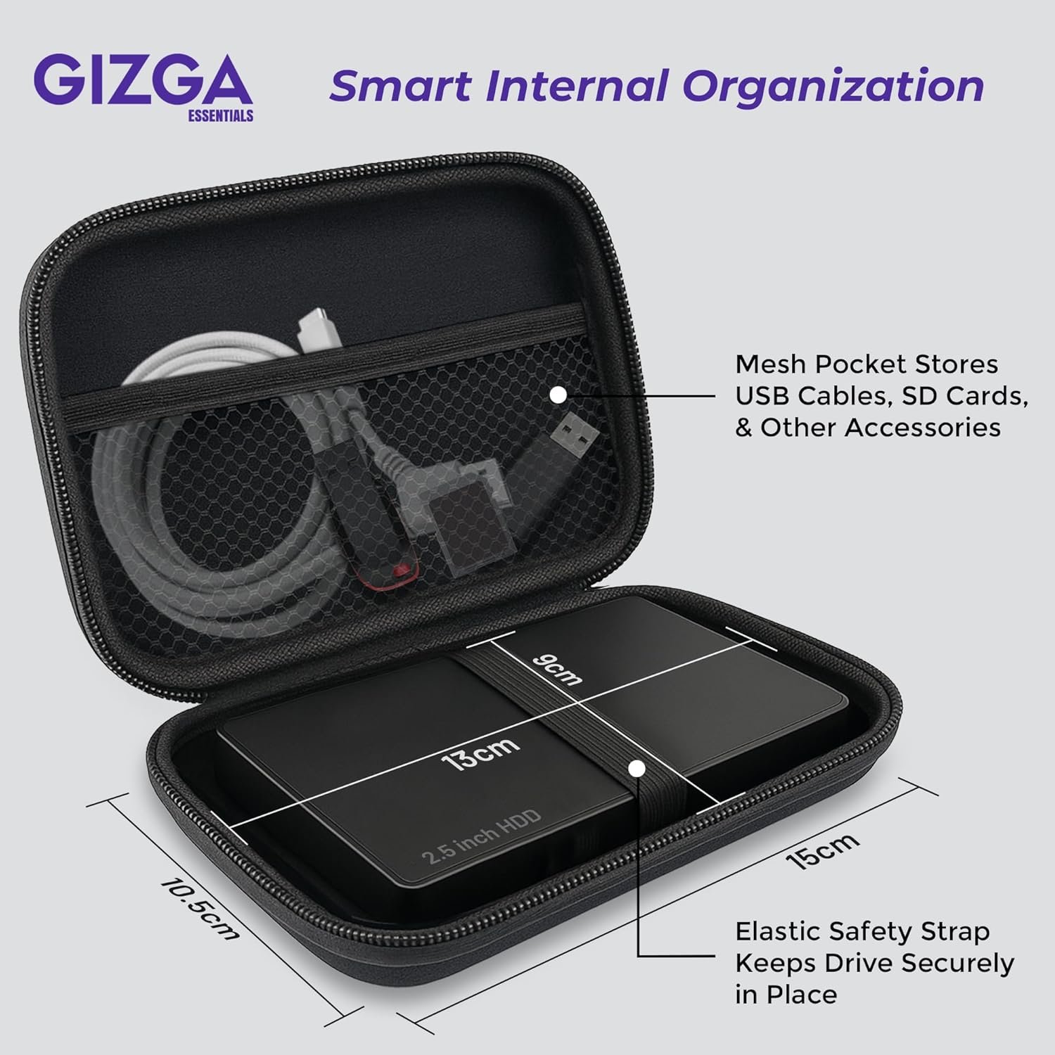 Gizga Essentials Hard Drive Case Shell, 6.35cm/2.5-inch, Portable Storage Organizer Bag for Earphone USB Cable Power Bank Mobile Charger Digital Gadget Hard Disk, Water Resistance Material, Black