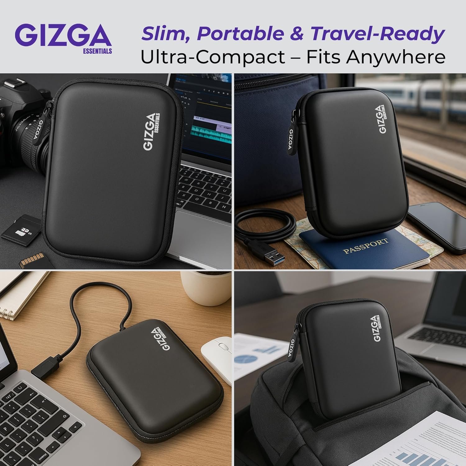 Gizga Essentials Hard Drive Case Shell, 6.35cm/2.5-inch, Portable Storage Organizer Bag for Earphone USB Cable Power Bank Mobile Charger Digital Gadget Hard Disk, Water Resistance Material, Black